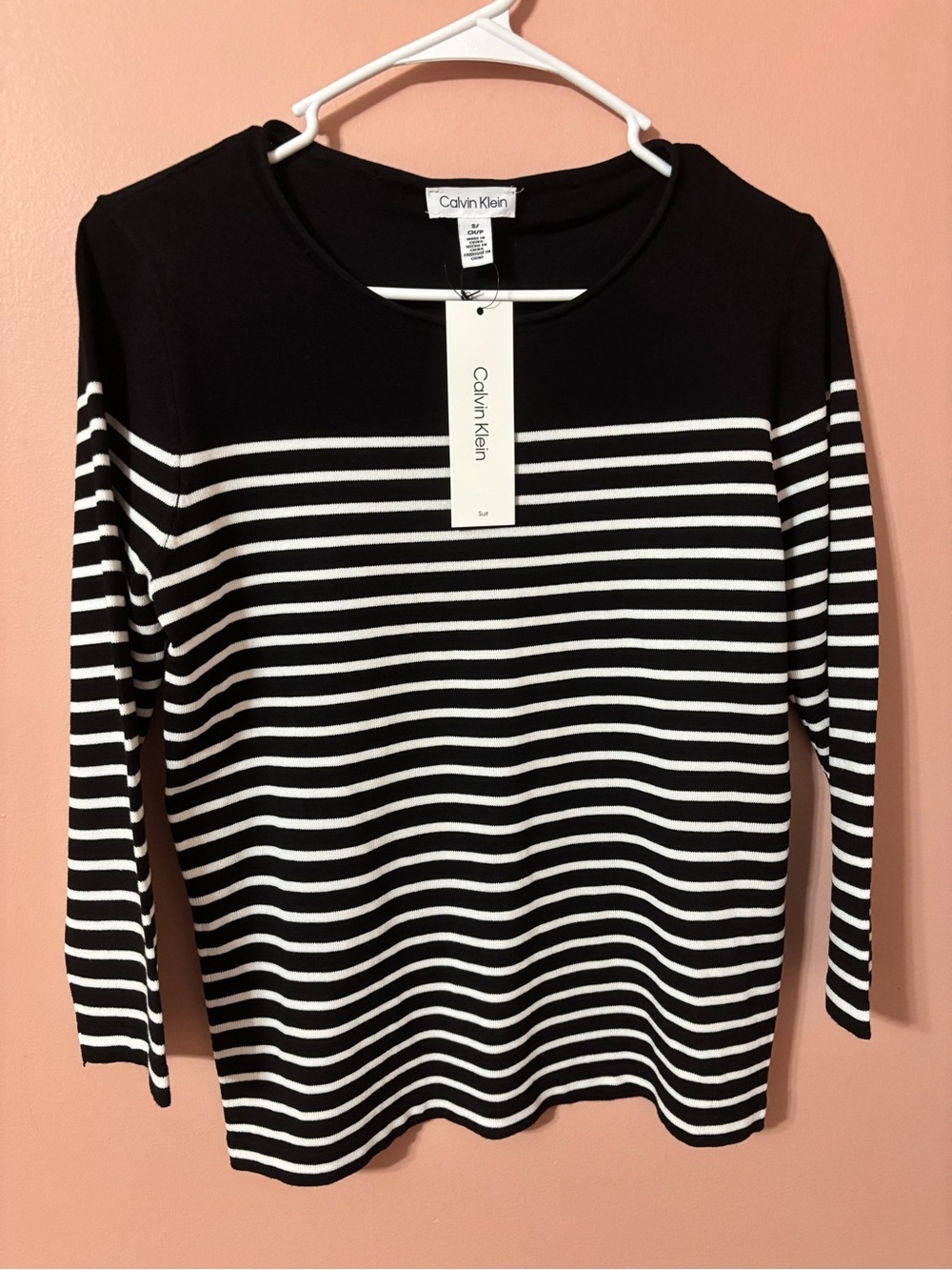 Calvin Klein Black and White Striped Long-Sleeve Crew Top